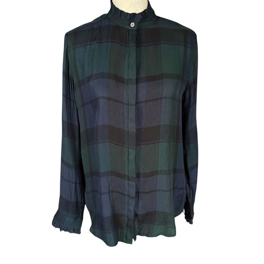 Loft Petite blue and green plaid long sleeve collared button down shirt SP